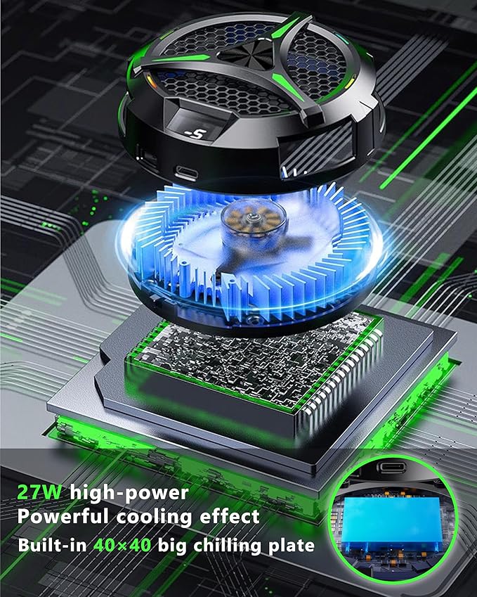 ACEDAYS Magnetic Cooler for iPad,Tablet Cooler for ipad/Surface pro/Samsung Tab,Universal Radiator with Temperature Display for Mobile Gaming,Tiktok Live Streaming (Green Mech)