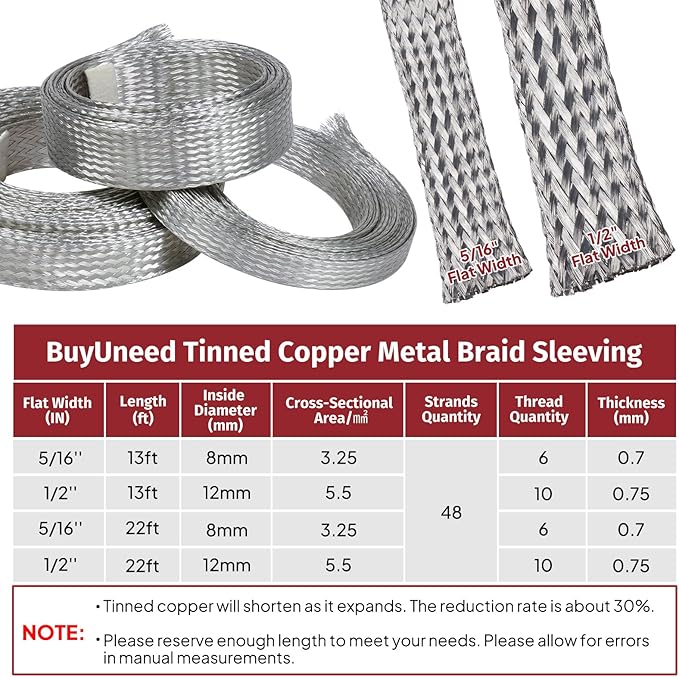 BuyUneed Tinned Copper Metal Braid Sleeving Wire Shielding Sleeve Braided Copper Ground Straps EMI/RFI Interference Expandable Flat Mesh Shielding Cable for Protect Wire (1/2inch-13ft)