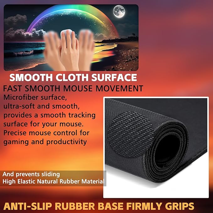 KOAIWPAE Desk Mat, Rainbow and Full Moon Desk Pad, Beach at Night Large Gaming Mouse Pad for Desk, 31.5"x15.7" Extended Big Computer Keyboard Mouse Pad with Non-Slip Base and Stitched Edge