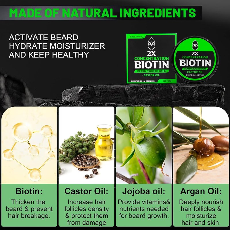 Beard Balm for Growth & Styling - Biotin, Castor Oil, Argan & Jojoba Oils | 2 Oz - Vanilla, Cedar, Orange