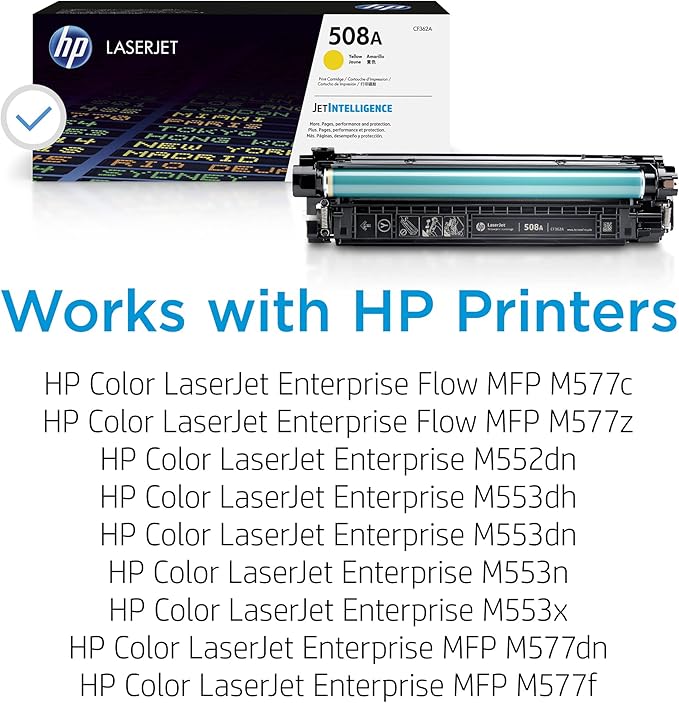 HP 508A Yellow Toner Cartridge Printers | Works with Color LaserJet Enterprise M552, M553 Series; Color LaserJet Enterprise MFP M577 Series | CF362A