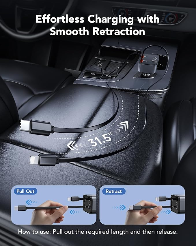 2026 Updated 85W Retractable Car Charger, 4-in-1 Fast Car Phone Charger with 2.6ft Two Retractable Cables and USB C+USB A Car Charging Block Cube, Compatible with iPhone 13 14 15 16 17 Pro Max, Plus