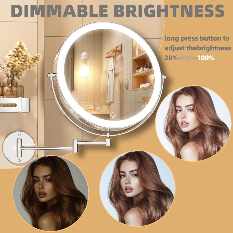 BATUSO 8.5 Inch Wall Mounted Lighted Makeup Mirror, 1X/10X Magnifying Mirror with 19.7 Inch Extended Arm, 3 Color Lights Touch Dimmable, 360 Rotation, 2000mAh Rechargeable Bathroom Vanity Mirror Round