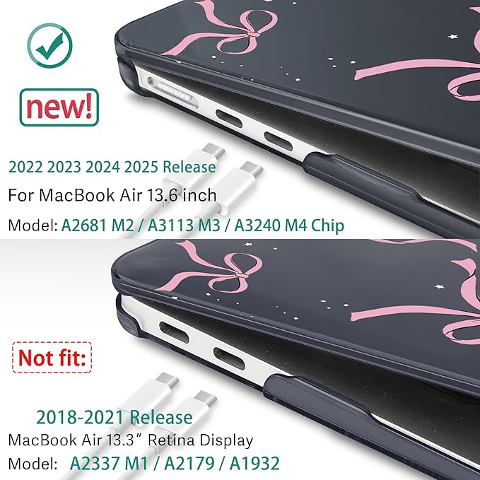 May Chen Case for MacBook Air 13/13.6 inch M5 A3449 M4 A3240 M3 A3113 M2 A2681, 2026 2025 2024-2022, Plastic Hard Shell with Keyboard Cover & Screec Protector, Crystal Black Bow
