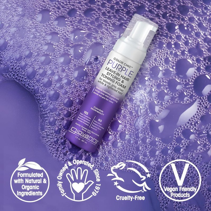 GIOVANNI Color Chic Purple Leave-In Hair Styling & Toning Foam - Purple Foam for Blonde, Gray, Brassy, Fine Hair, Gives Volume & Shine for Women & Men - 7 fl oz (Pack of 1)