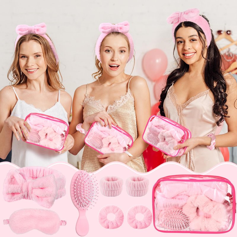 Daifunli 36 Pieces Spa Sleepover Party Favors for Woman 6 Pcs Spa Headband 6 Eye Mask 6 Velvet Scrunchies 6 Pcs Wristband 6 Hair Brush 6 Cosmetic Bags for Adult Slumber Party Gift(Pink)