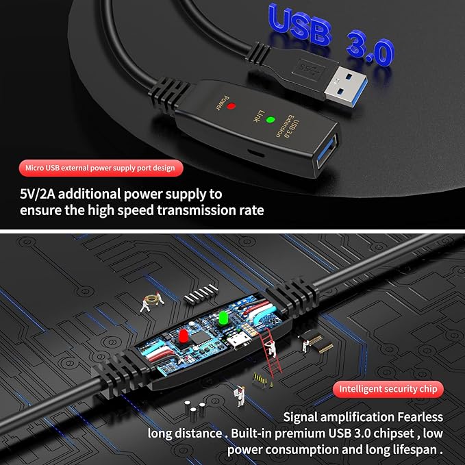 LDKCOK 60ft Active USB 3.0 Extension Cable, USB Type A Male to Female Extender Cord with 2 Signal Booster Chips & Micro USB Power Port, 5Gbps High Speed Repeater for Oculus VR, Webcam, Xbox, Printer