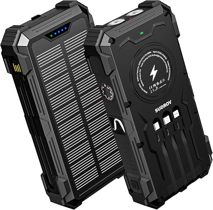 Sudrov Solar Charger Power Bank, 20000mAh Wireless Portable Charger with USB-C in/Output, QC3.0 Fast Charging 15W 4 Ports Outdoor Battery Pack Built-in Dual Led Flashlights for iPhone Samsung etc