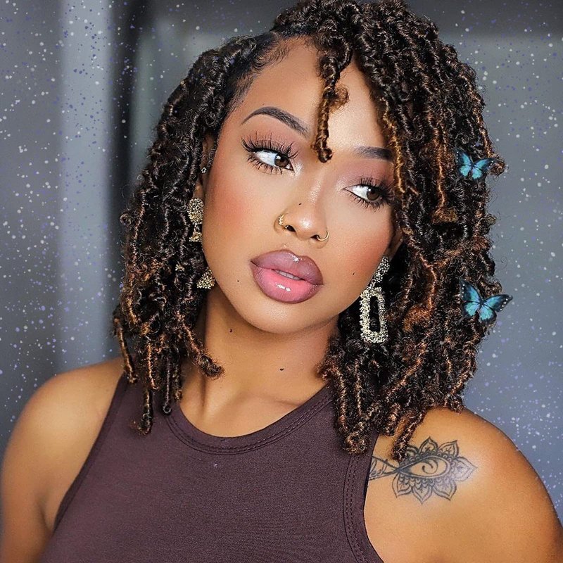 Toyotress Butterfly Locs Crochet Hair - 10 inch 7Pcs Ombre Brown Pre-twisted Distressed Crochet Braids, Short Bob Faux Locs Pre-looped Synthetic Braiding Hair Extensions (10 Inch, T30-7P)