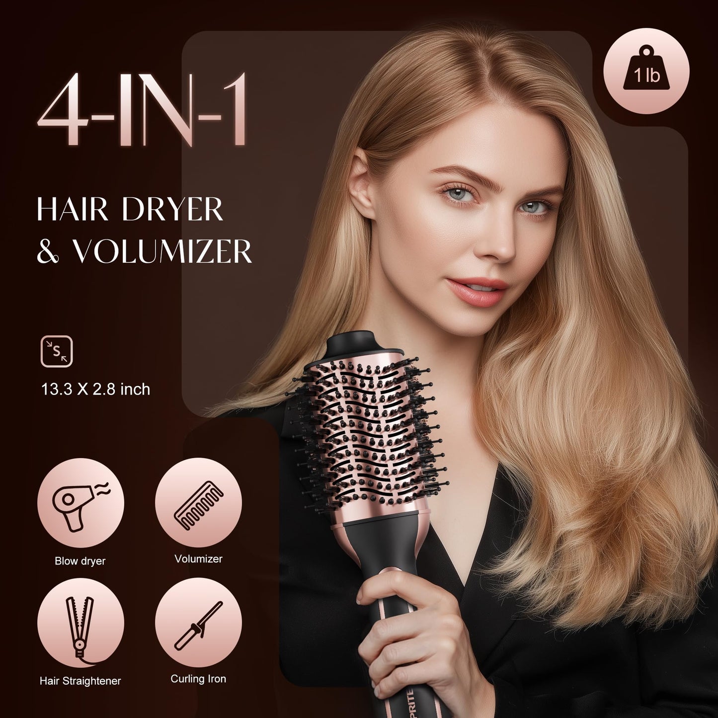 PRITECH 1000W Dual Voltage Ceramic Ionic Hair Dryer Brush,4-in-1 Hot Air Styler & One Step Volumizer for Straight & Curly Hair Salon (110-120V/220-240V),Black Gold