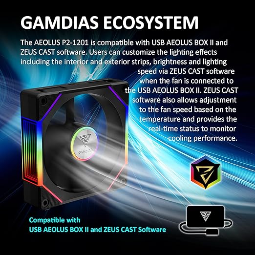 GAMDIAS ARGB Case Fan 120mm x1 & Reverse Blade x1, ARGB Motherboards Sync, Hassle-Free Cable Management with Cabless Daisy Chain Design, Quiet & 75CFM Airflow with 2400 RPM PWM RGB PC Fan, Aeolus P2