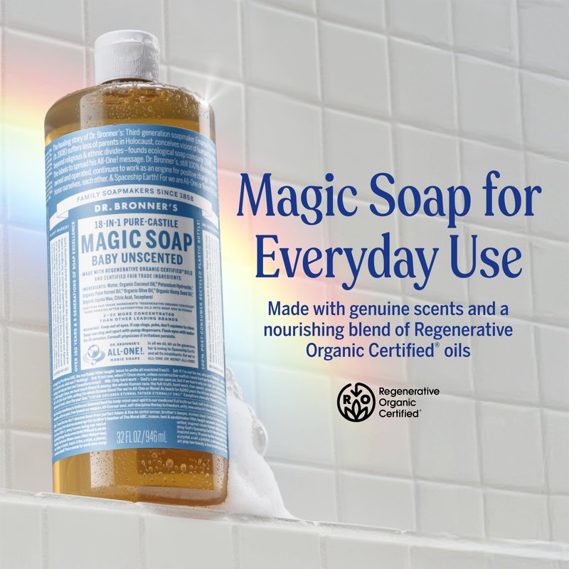 Dr. Bronner's Magic Soap-Pure-Castile Liquid Soap (Baby Unscented, 32 ounce, 2-Pack)-Regenerative Organic Certified Oils, 18-in-1 Uses: Body, Laundry & Dishes, For Sensitive Skin, No Fragrance