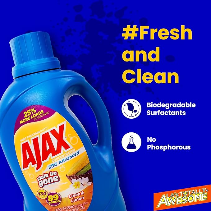 Ajax SBG Advanced Laundry Detergent, Linen & Lemon Scent, 134oz (Pack of 4) â Totally Awesome Stain & Odor Remover, HE Compatible, Concentrated Liquid, 356 Loads, Color-Safe, Long-Lasting Freshness