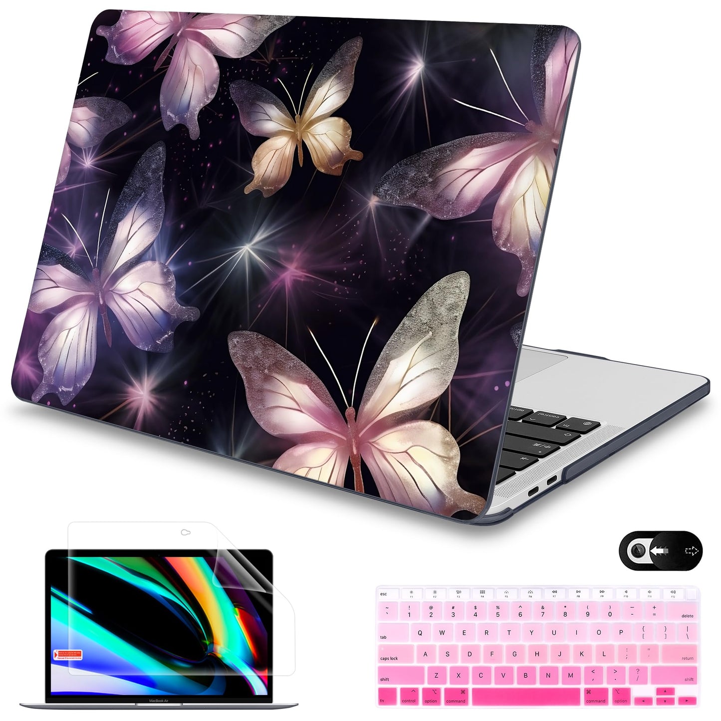 Mektron for MacBook Air 13 Case A1466/A1369 (2010-2017 Release), Snap-on Plastic Hard Shell Cover for MacBook Air 13.3 inch with Keyboard Cover, Glittering Butterfly