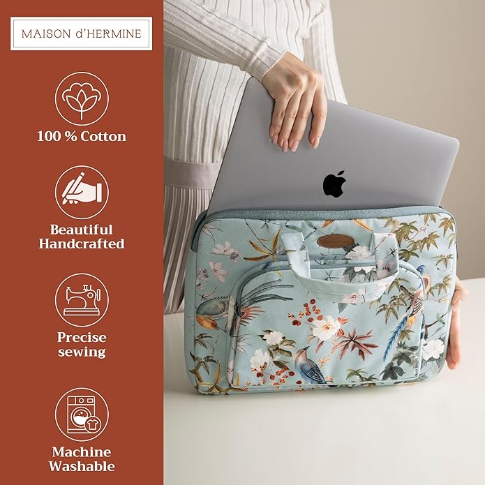 Maison d'Hermine Laptop Bag with Pocket Upto 15.5 inch Stain and Water Repellent Cotton Canvas Spring Summer (Hokuzai - Blue)