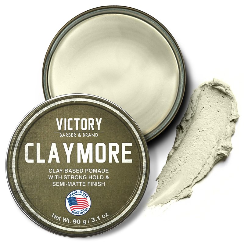 Victory Barber & Brand Claymore hair pomade for men | Strong Hold Matte Finish Men's Clay Pomade | made in usa | Designed by barbers, made for the rugged | Texturizing & Styling Clay 3.1 Oz