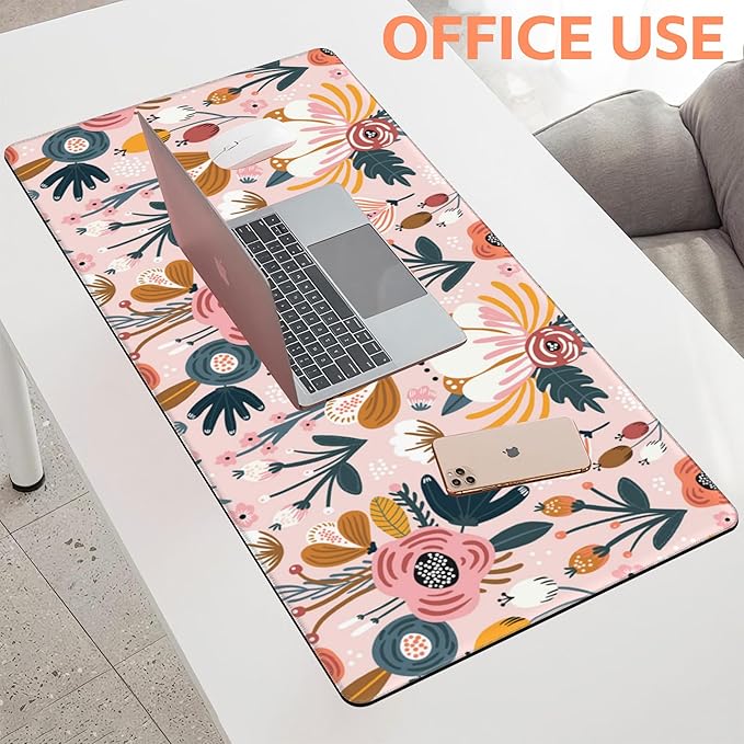 NIYLYNSYN Mouse Pad Large Flowers and Leaves Non-Slip Game Desk Mat with Stitched Edge Laptop Keyboard Desk Pad for Work Home Gaming (35.4 x 15.7 Inches)