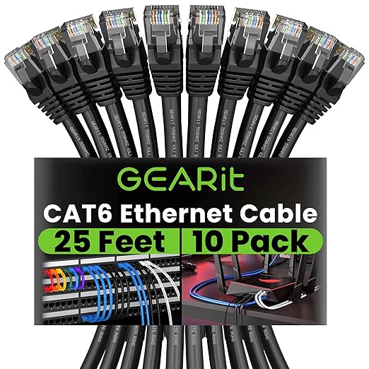 GEARit Cat 6 Ethernet Patch Cable 25 ft Black (10 Pack) Cat6 Patch Cables 25ft Black/Ethernet Patch Cable, 10Gbps 550MHz 24AWG Pure Copper, Snagless, Gold Plated RJ45 for Router, Server, Router, PC