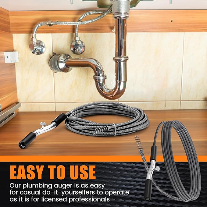 25 ft Drain Auger Plumbing Snake for Heavy Deep Blockages 3/8" Diameter Flexible Plumbing Cables Drain Snake for Kitchen Bathroom Shower Sink Cleaning Drainage Clogs