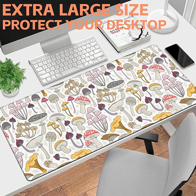 NIYLYNSYN Mouse Pad Large Colorful Mushrooms Non-Slip Gaming Desk Mat with Stitched Edge Laptop Keyboard Desk Pad for Work Home Gaming (35.4 x 15.7 Inches)