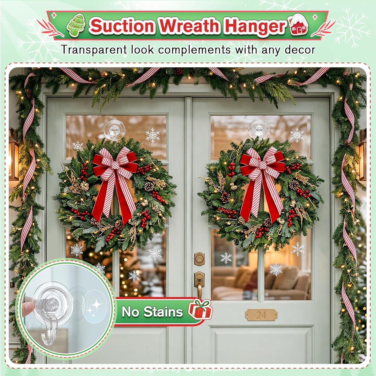 VIS'V Wreath Hanger - Heavy Duty Suction Cup Hooks | 22 LB Capacity, Clear, 2 Pack