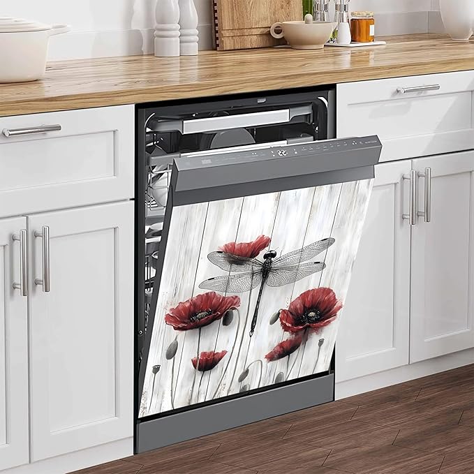 NYZE Dishwasher Magnets Cover, Dishwasher Magnetic Sticker Decorative, 23 x 26 Inch Removable Reusable Magnet Dish Washer Cover Mat for Dishwashers Kitchen Appliances (Red Flower & Dragonfly)