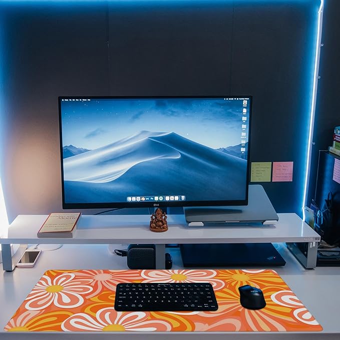 Eflxamz Desk Pad,Hippie Vintage Orange Flowers Desk Mat,Retro Floral Large Gaming Mouse Pad for Desk,Extended Big Computer Keyboard Mouse Pad with Non-Slip Base and Stitched Edge,35.4"x15.7"