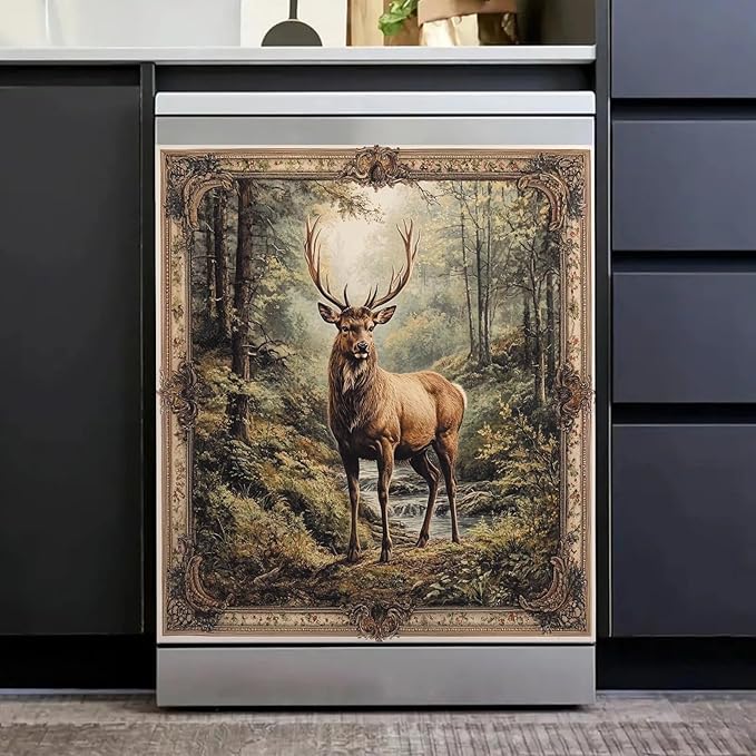 Kitchen Decor Deer Dishwasher Magnet Cover Decal, Vintage Forest Elk Magnetic Dishwasher Covers Decorative, Animal Dishwasher Skin (Magnetic) 23" W x 26" H