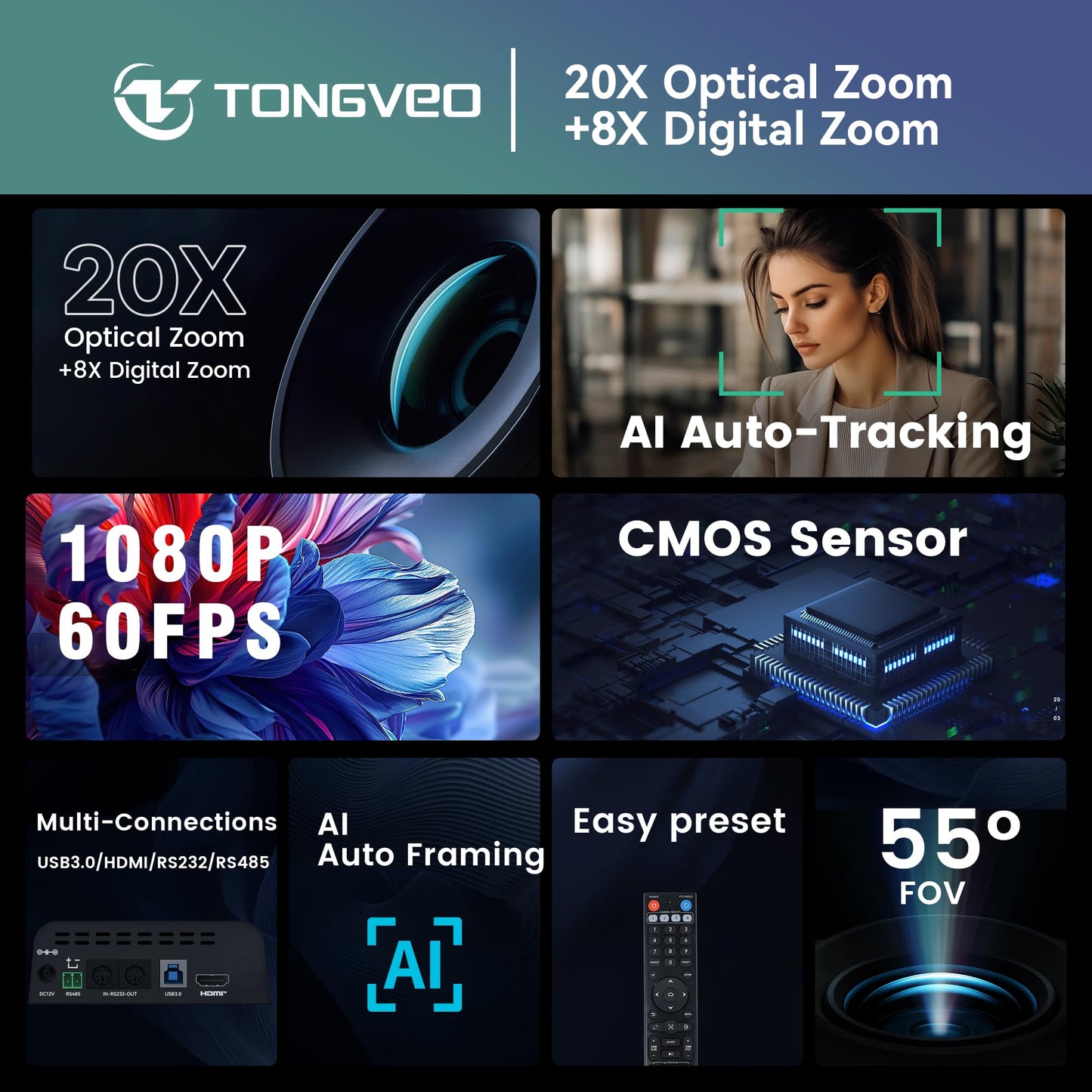 TONGVEO Conference Room PTZ Camera System with 20X Optical Zoom, AI Auto Tracking 1080P 60fps HDMI USB Webcam for Church Streaming Online Video Conference,Compatible with Zoom, OBS Easy Setup