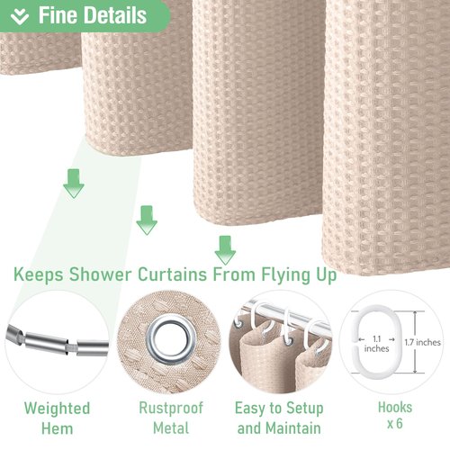 Dynamene Stall Fabric Shower Curtain - 36x72 Waffle Weave Weighted Cloth Shower Curtains for Bathroom, Neutral Heavy Duty Hotel Spa Luxury Bath Curtain Set with 6 Plastic Hooks, Rose