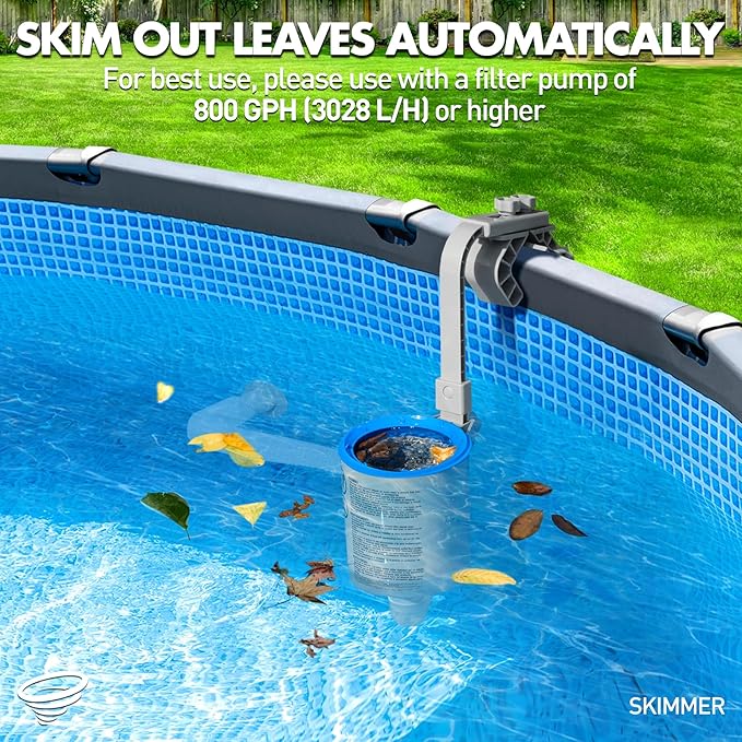 Above Ground Pool Skimmer Comes with 3 Skimmer Socks | Height-Adjustable Wall Mount Surface Skimmer | Heavy-Duty Floating Pool Skimmer - Auto-Skimming Leaves & Fine Debris from Pool Surface