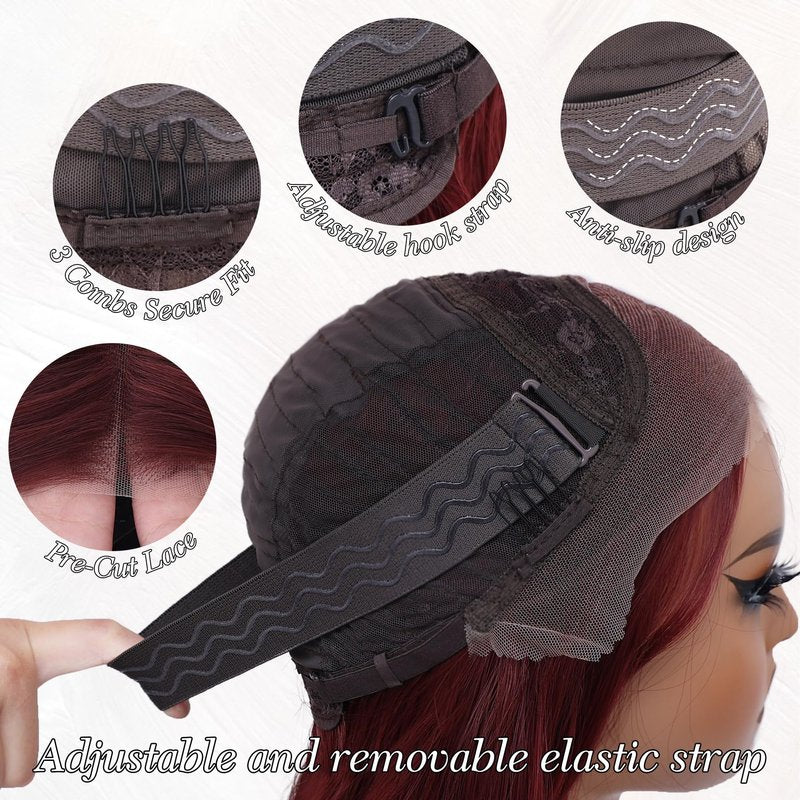 WECAN Wine Red-Synthetic Lace Front Wig Glueless Wig 13X4 Pre Plucked Pre Cut Wavy Wig