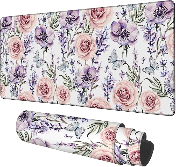 NITAHHHY Gaming Desk Pad Large Extra Length Lavender, Roses and Anemone Mouse Pad Keyboard Laptop Non-Slip Waterproof with Rubber Base Thick Stitched Edge Mouse Mat for Office Home 35.4 x 15.7 Inches
