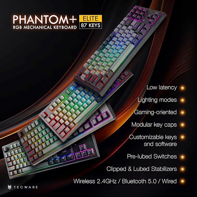 TECWARE Phantom+ Elite 87 Key RGB Mechanical Gaming Keyboard | 3-Mode Wireless Bluetooth 5.0, 2.4GHz & USB-C Wired | Hot-Swappable 5-Pin | Double-Shot PBT Keycaps | Wraith Brown Switch - Black