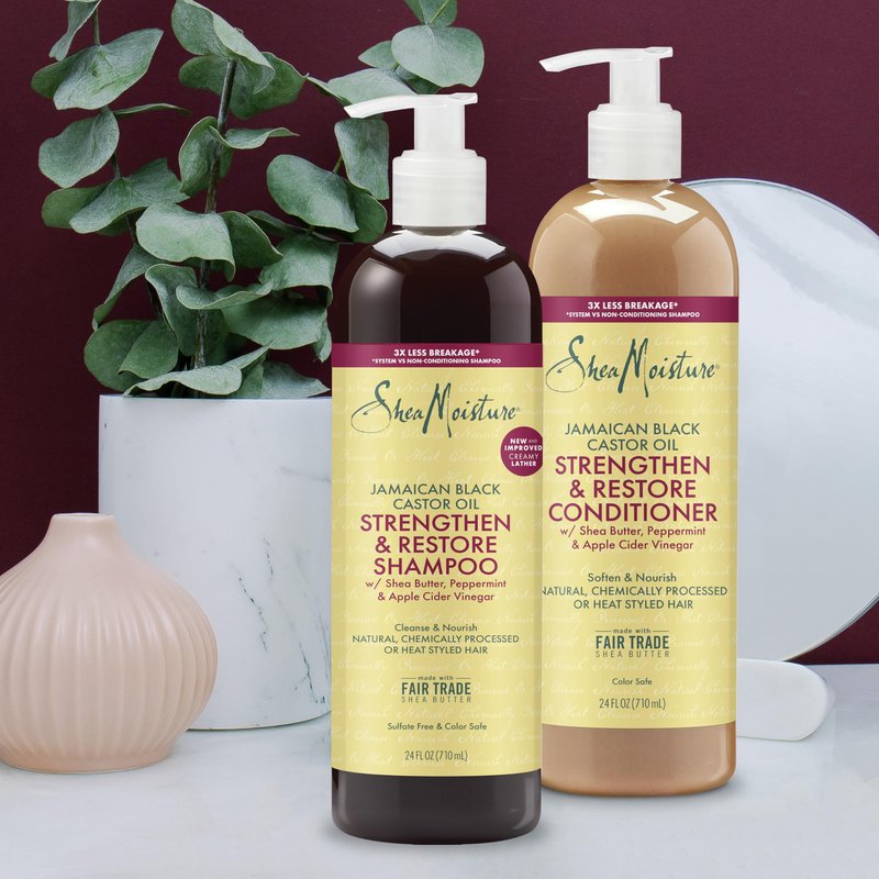 SheaMoisture Strengthen & Restore Shampoo and Conditioner Bundle Jamaican Black Castor Oil 2 Pack to Cleanse & Nourish Dry, Damaged Hair, 24 oz