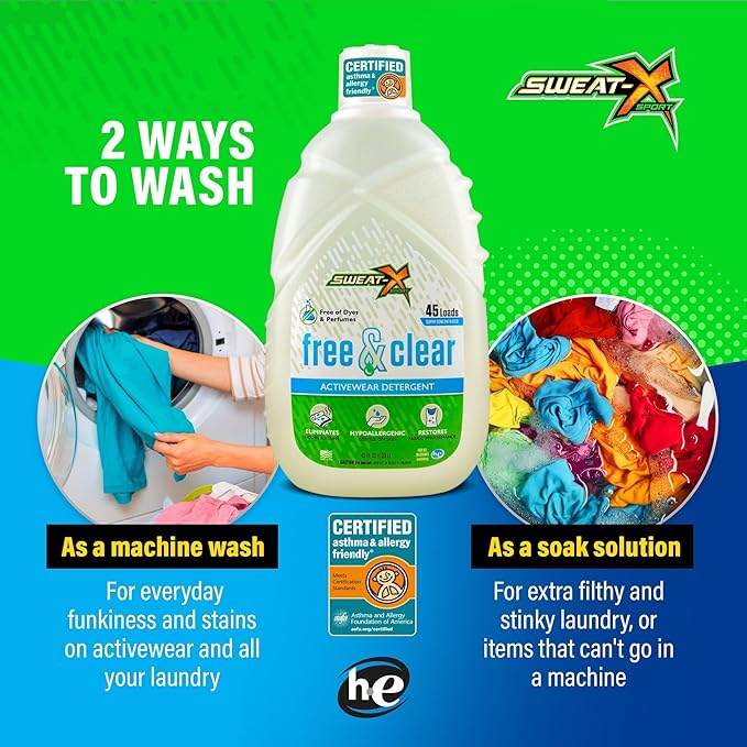 SWEAT X Free & Clear Laundry Detergent Liquid - Natural Non Toxic Laundry Detergent for Sensitive Skin - Gentle Washing Detergent for Activewear & Performance Fabrics - 45 Loads/Bottle, 2 Bottles