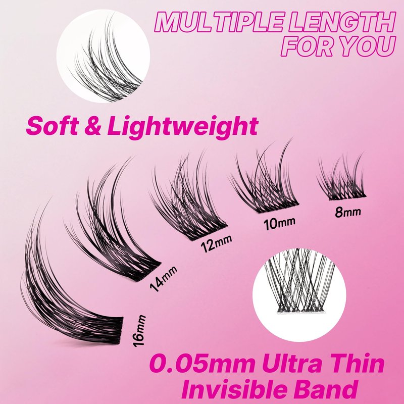 VEYESBEAUTY Lash Clusters Individual Eyelash Extensions Thin & Invisible Band DIY False Eyelashes for Self-application Newbie's Five-Second Series Wispy Lash Tray, LuxeBold 8-16mm Mixed Length