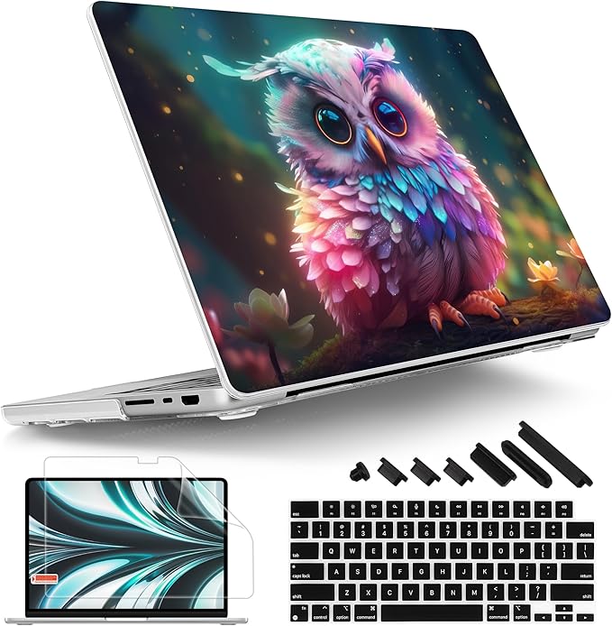Tuiklol for MacBook Pro 14 Inch Case 2026 2025 2024 2023 2022 2021 Release M5/M4/M3/M2/M1 A2442 Pro/Max,Hard Shell Case with Screen Protector for Touch ID, Rainbow owl