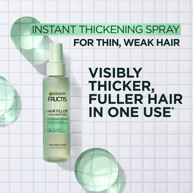 Garnier Fructis Hair Filler Fullness Repair Thickening Spray, Volumizing Spray with Polypeptides and Hair Repair Complex for Thin, Weak Split Ends, 4.4 Fl Oz