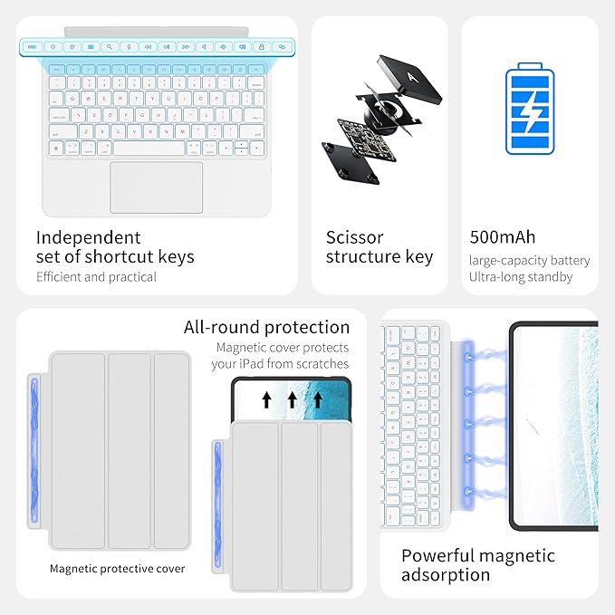 Otuoor iPad Pro 13 Inch Case 2024 with Keyboard, Magnetic Detachable Keyboard Case for iPad Pro 13 Inch (M4, 2024) with 7 Colors Backlight, Multi-Touch Trackpad, Portrait/Landscape Mode (White)