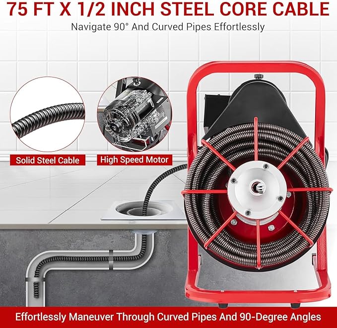 Drain Cleaner Machine, 75FT x 1/2 Inches Electric Drain Snake, 370W Auto Feed Sewer Snake Auger, Sewer Snake with 4 Cutters and Pneumatic Foot Switch, for 1" to 4" Pipes, High Armrests for Sinks
