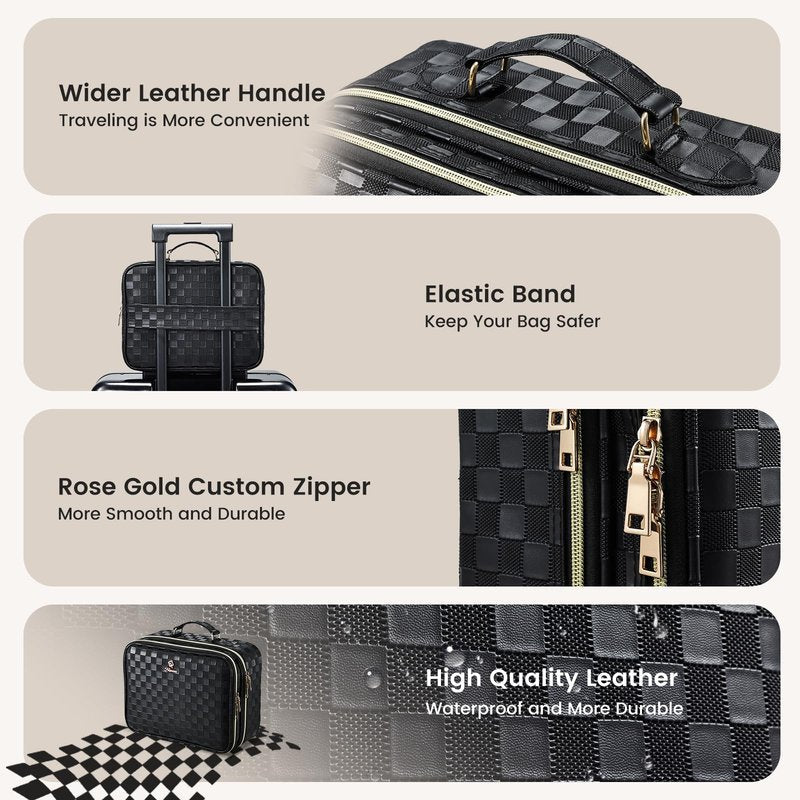 Makeup Bag with LED Lighted Mirror 12.2 IN Cosmetic Train Case Double Layer Makeup Case Adjustable Brightness in 3 Colors Cosmetic Organizer Artist Storage with Brush Holder Vanity Black Checkerboard