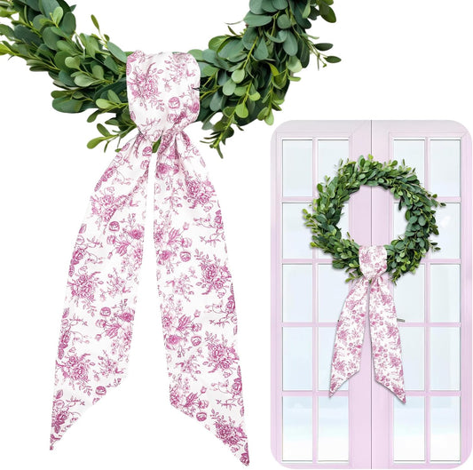 Whaline Pink Flower Wreath Sash - Chinoiserie Floral Garland Ribbon for Holiday Home Decor | 2 Pieces