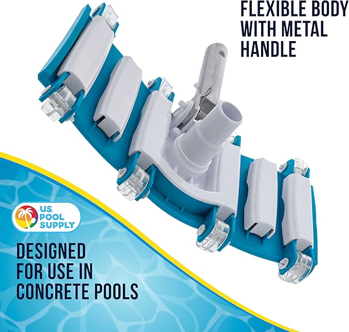 U.S. Pool Supply 14" Manual Pool Vacuum Head for Inground Pools, Flexible, Weighted - 6 Weights, Swivel Hose Connection 1.25" or 1.5", Aluminum Pole Handle - Accessory Attachment, Clean Remove Debris