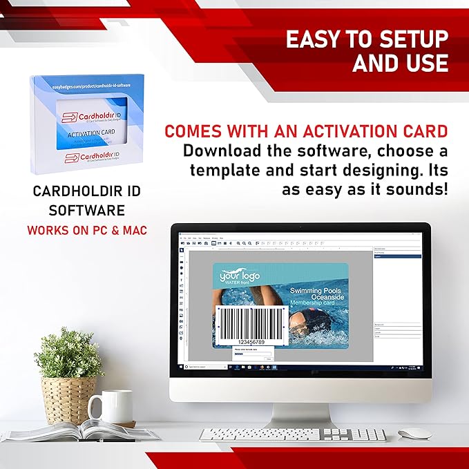 Cardholdir ID Easy Badges Solid 210 ID Badge Printer | with Beginner Software, HD Webcam, & Everything Needed to Design and Print 200 ID Cards, | Single Sided Employee & Student ID Card Printer