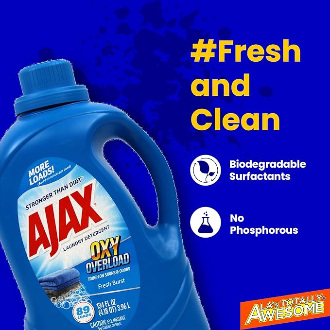 Ajax Oxy Overload Liquid Laundry Detergent, 134oz (Pack of 4) â Totally Awesome Cleaner with Deep Cleaning, Stain & Odor Removing power, HE Compatible, 178 Loads, Fresh Burst Scent