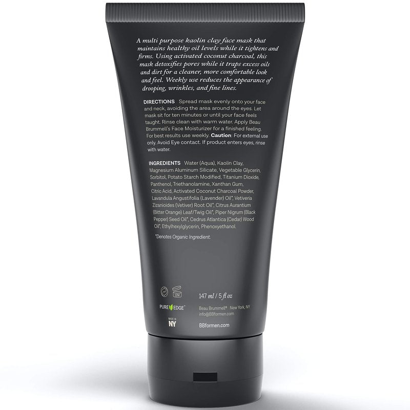 Beau Brummell Men’s Face Mask Detoxifying Facial Treatment with Kaolin Clay & Activated Charcoal | Deep Cleansing Formula | 5 FLOZ Tube Lasts Approx 6-Months |Made In USA