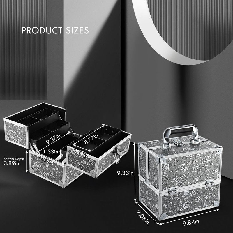 Frenessa Makeup Case Makeup Box Cosmetic Organizer Case Portable Make Up Travel Case Storage Box 4 Trays with Dividers Lockable Hard Train Case Nail Tech Supply Storag Silver Floral