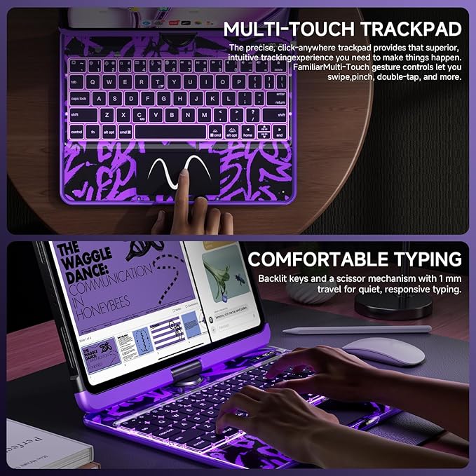 Transparent Case with Keyboard for iPad Air 13 Inch (M4/M3/M2, 2026/2025/2024), iPad Pro 12.9 (6/5/4/3 Gen),7-Color Backlit,Magic wireless Keyboard, 360°Rotating,with trackpad,Pencil Holder,Purple