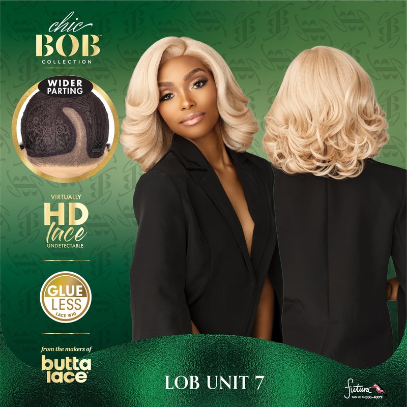Sensationnel Chicbob Lace Frontwig - Lob Unit 7 Face Framing Glueless Wig Wide 5 Inch Deep Part Synthetic Preplucked Hairline (1 JETBLACK)